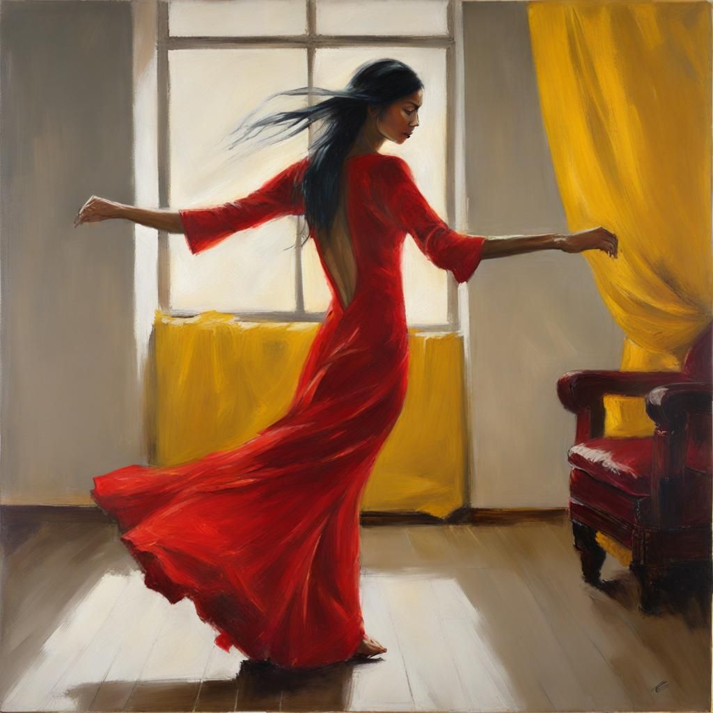 painting of a woman in red dress dancing