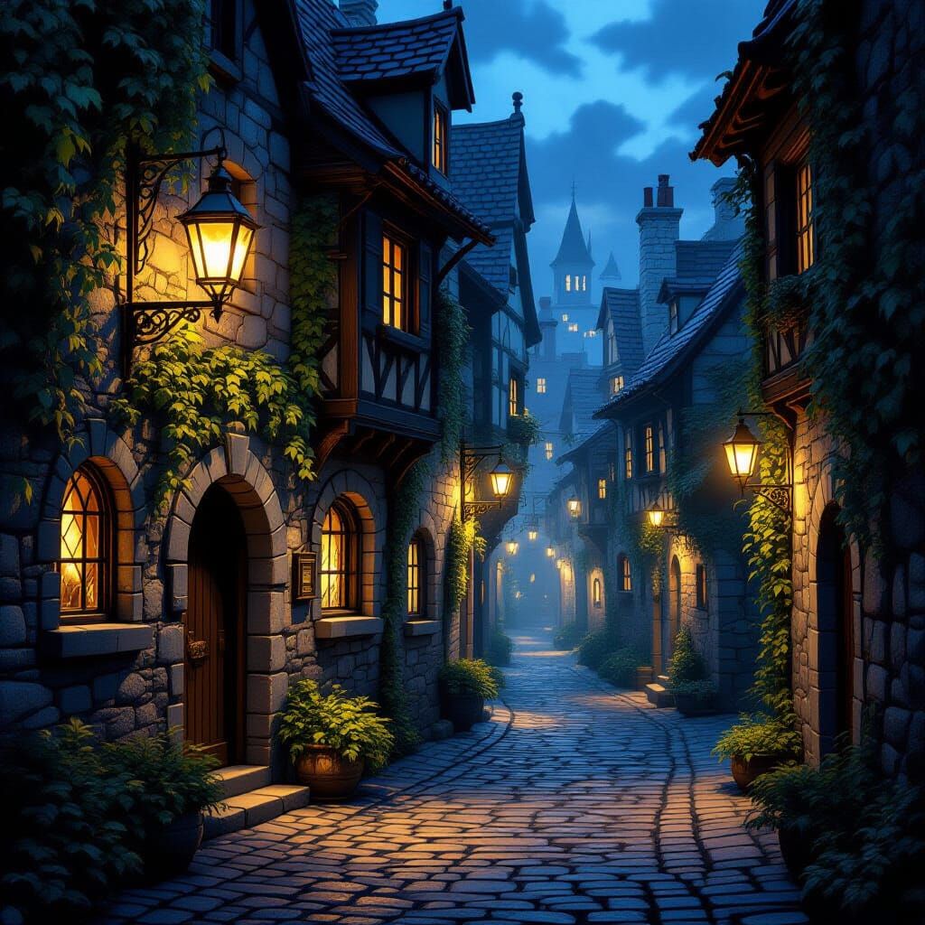 Narrow cobblestone alleyway lit by flickering lanterns, shadowy corners filled with mystery, ivy-covered ...  by @Soosan