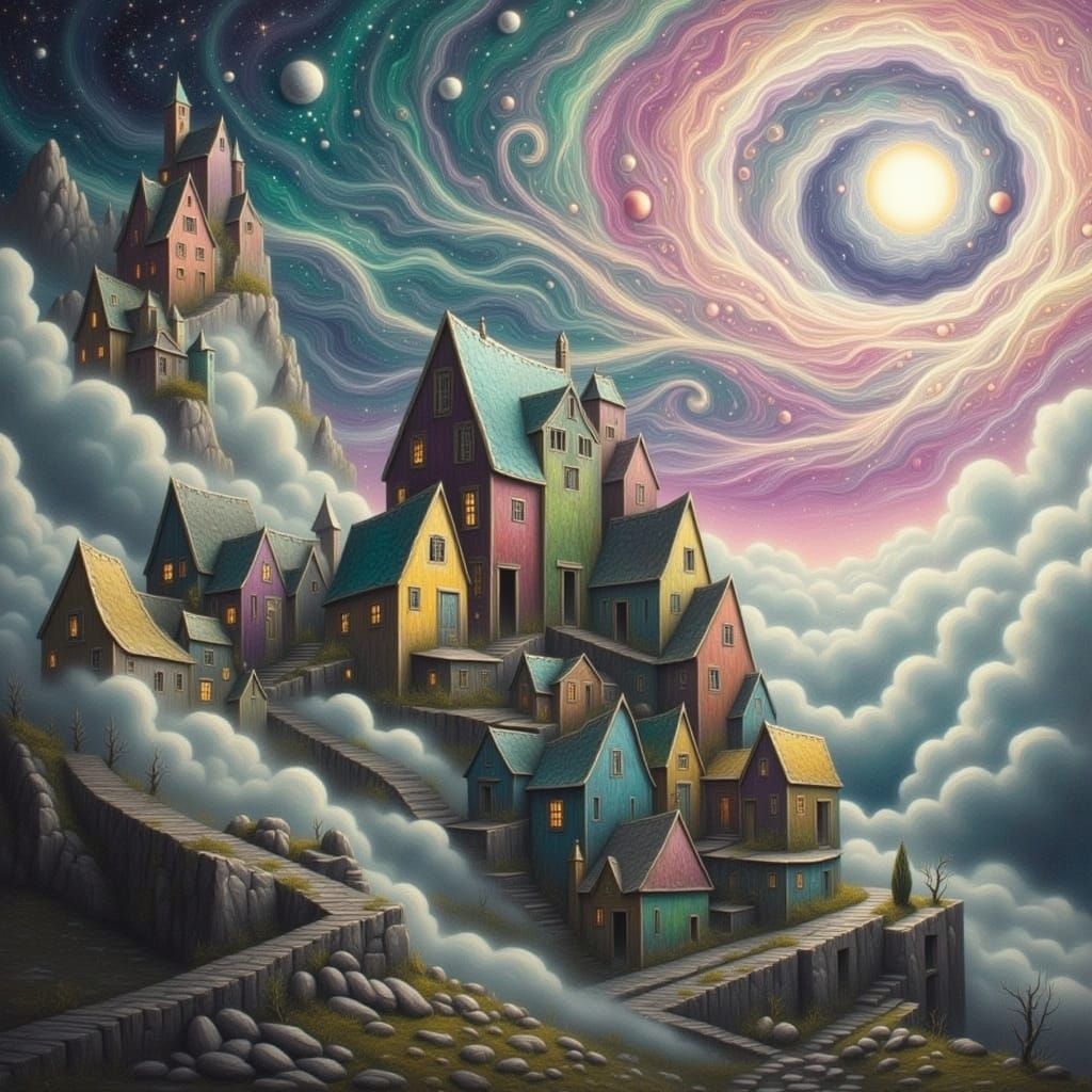 Dreamlike Village in Starry Cosmic Sky with Geometric Houses