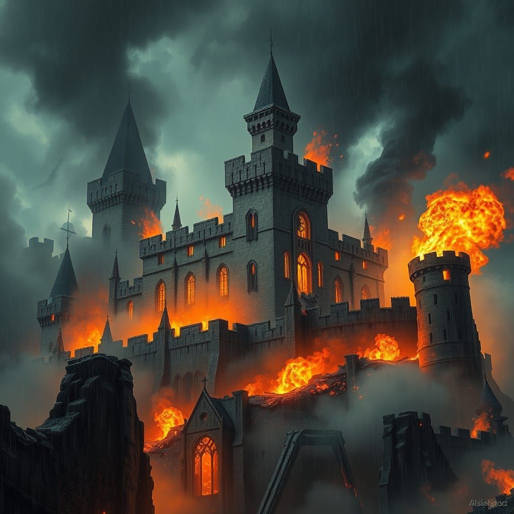 Burning Medieval Castle in Apocalyptic Style