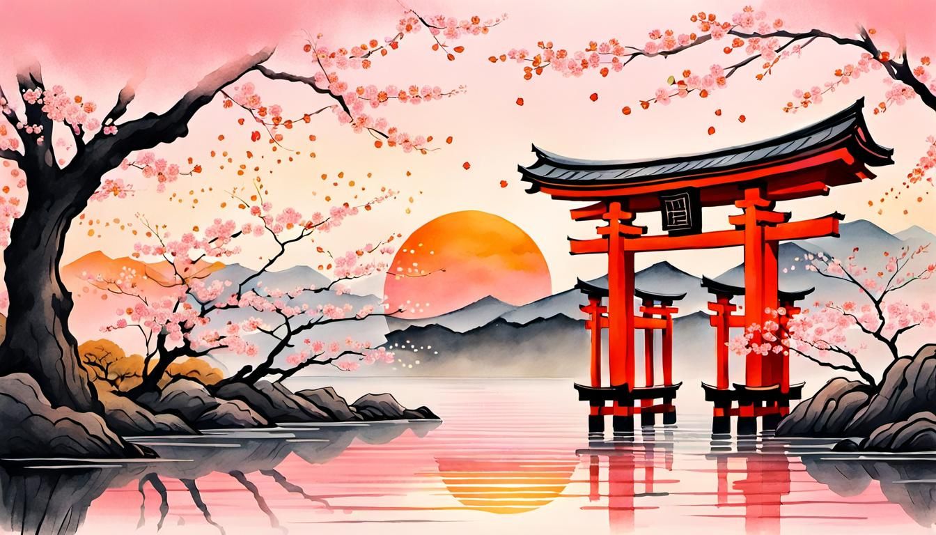 Torii Gate in Ukiyo-e Style with Cherry Blossoms