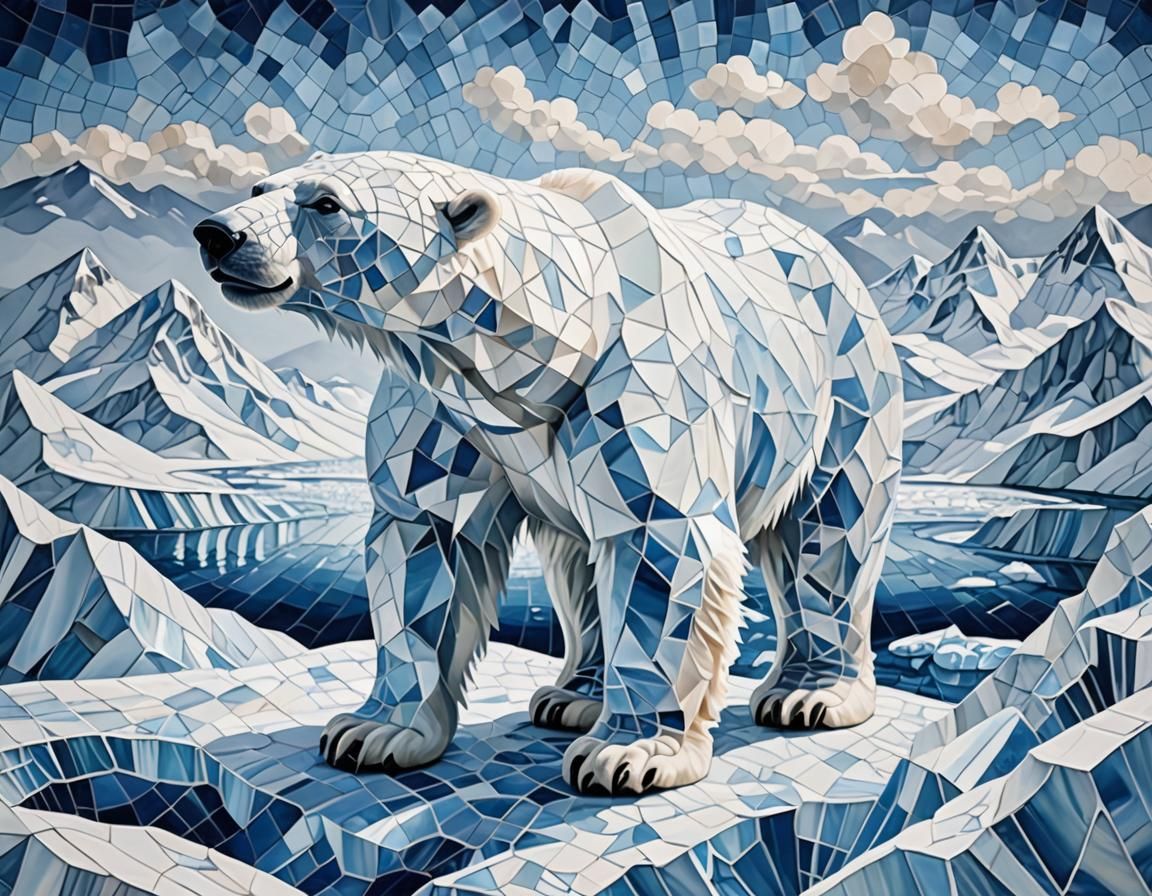 Crystalline mosaic polar bear blue and white North Pole glaciers and mountains   by @Harry-Lagman