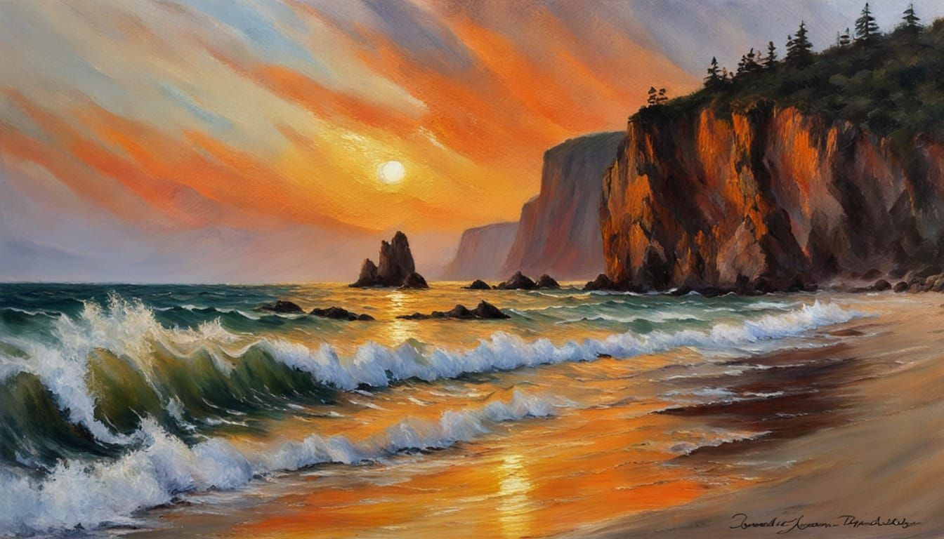 Coastal cliffs at sunset with vivid reflections on water, oil painting, in the style of Arthur Streeton, ...  by @Ian Painter