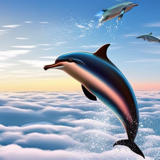 A dolphin jumping over the clouds