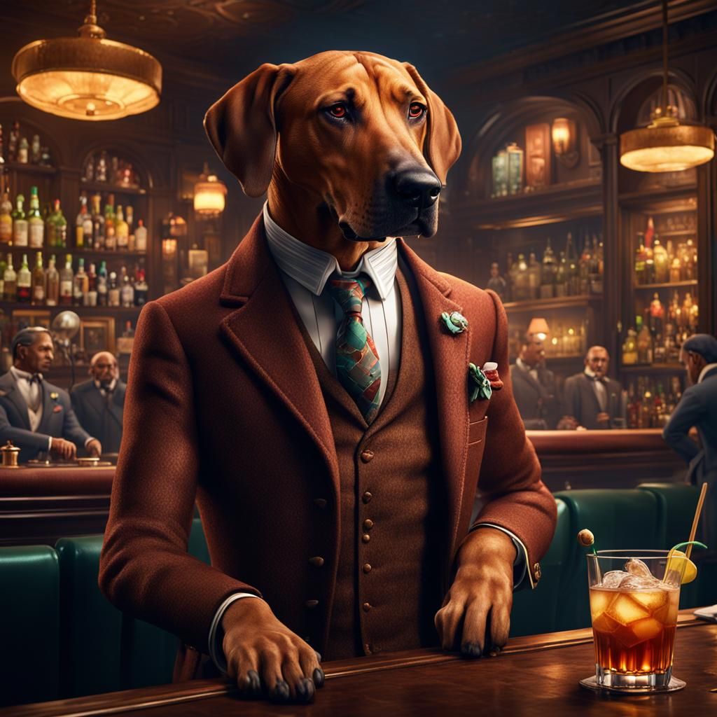 Rhodesian ridgeback dressed like a gentleman is very sad. He is drinking ron cocktail at a classic bar in New York