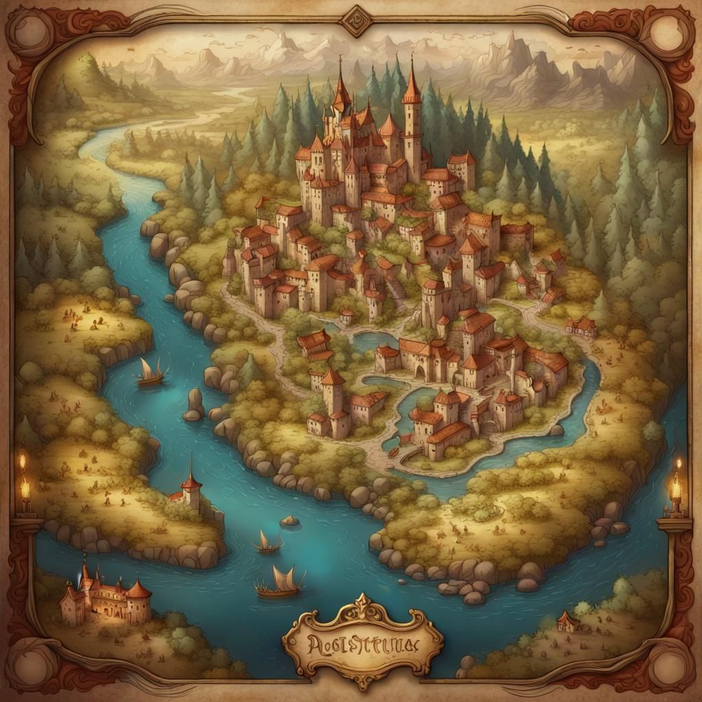 old style map with fanciful drawings, detailed matte paintin...