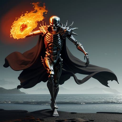 A metallic skeletal figure