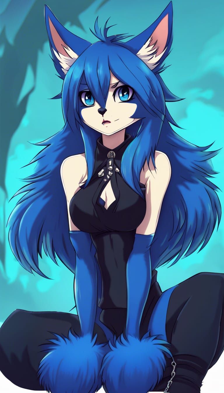 Female, very big huge chest, goth hot blue fox anthro furry,...