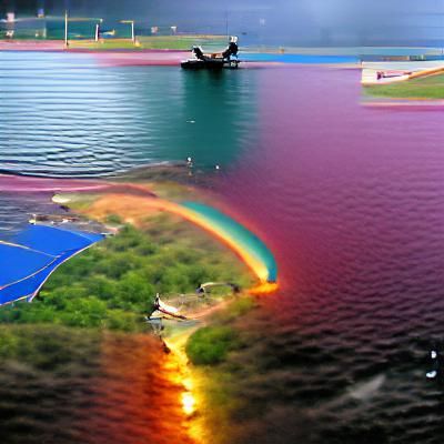 Colorful lake with a rainbow going over the colorful lake