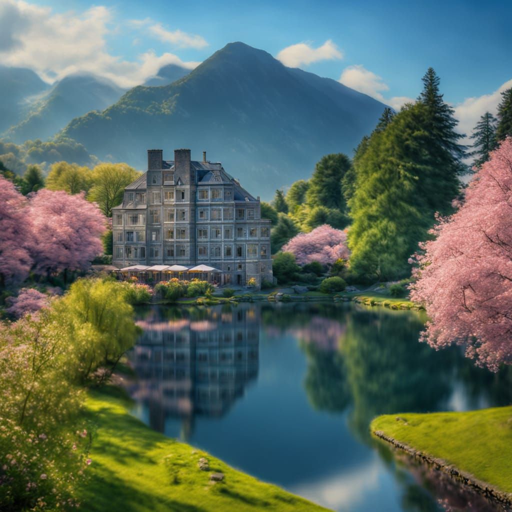 A luxury hotel in a nature park with trees and flowers. HDR, beautifully shot, hyperrealistic, sharp focus, 64 megapixels, perfect compositi...
