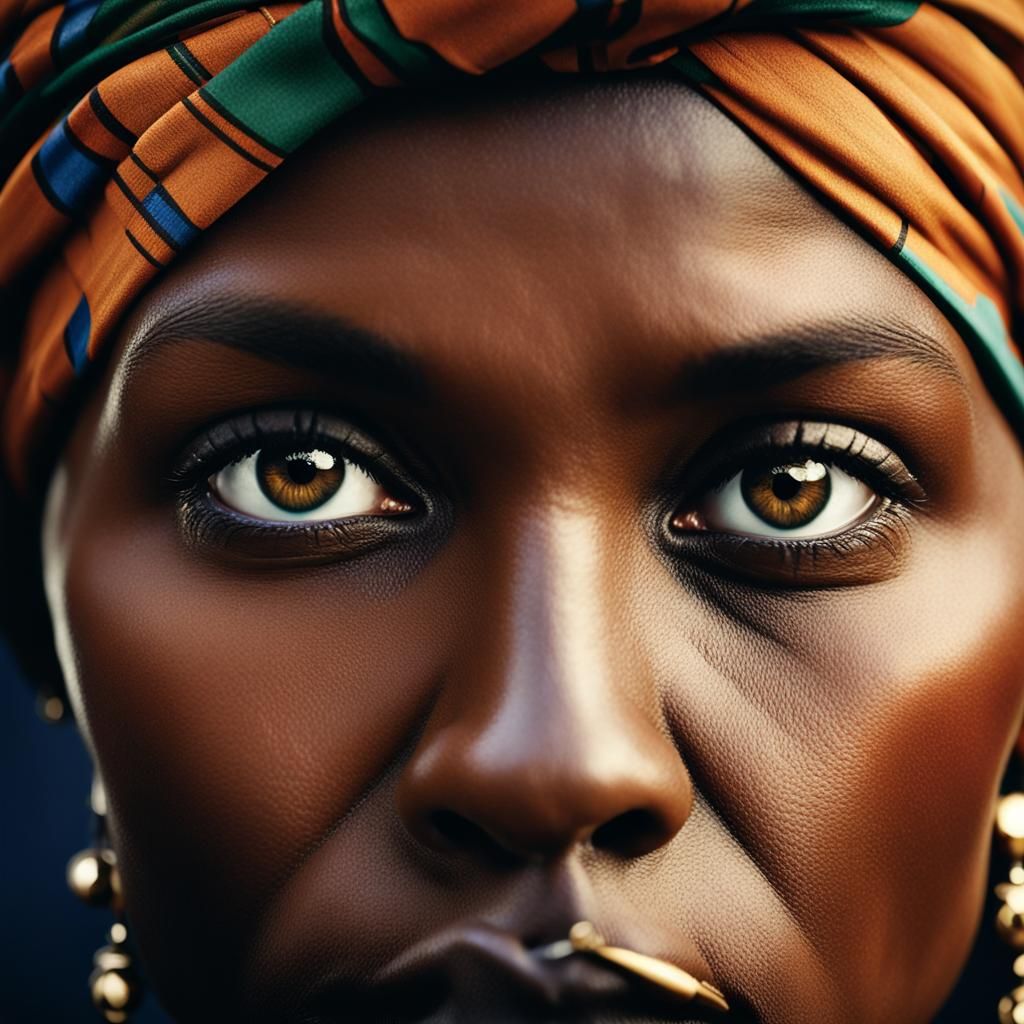 Close up beauty shot of a black woman wearing an African tur...