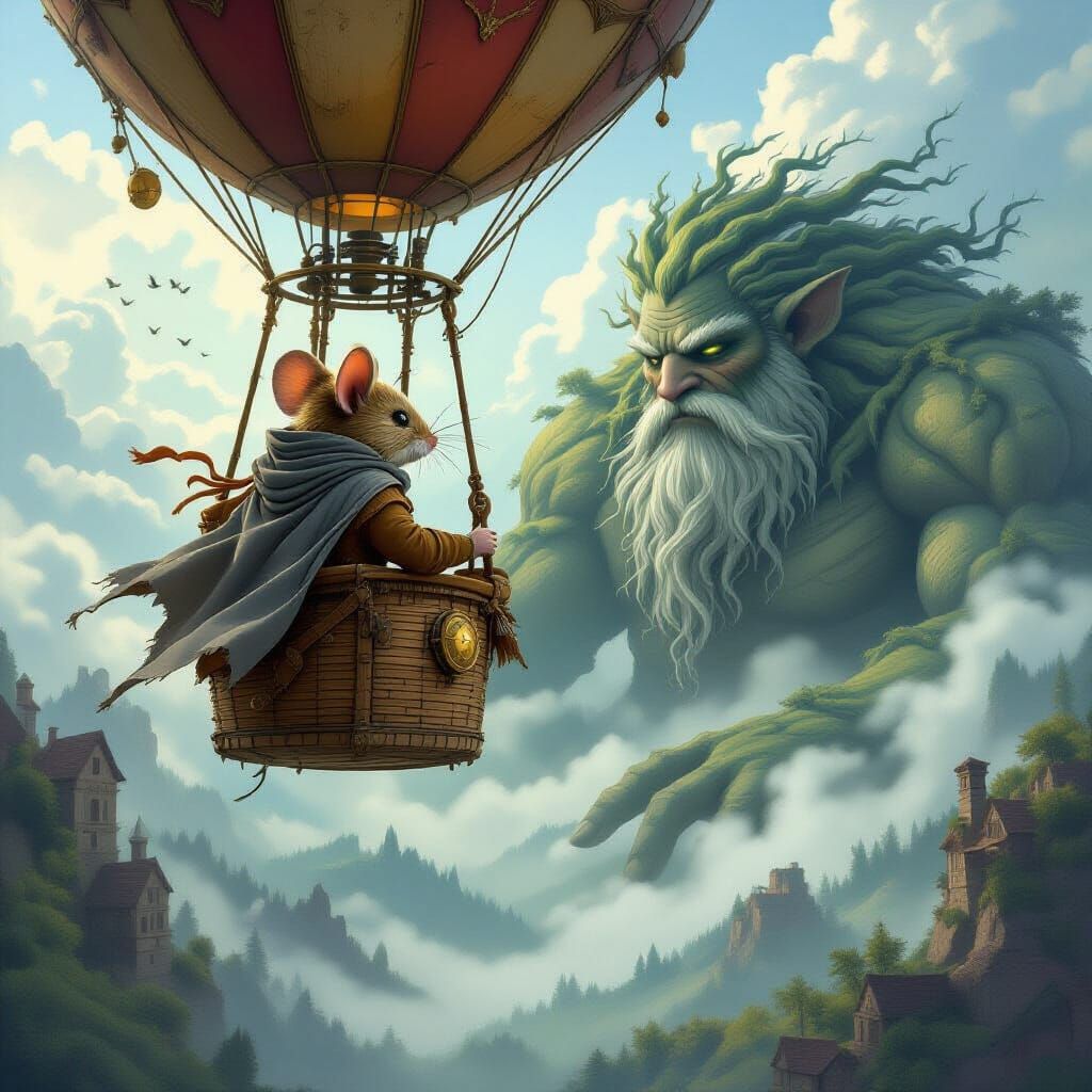 a highly detailed anthropomorphic mouse in shabby clothes and a grey cloak on his shoulders and head, flying in an old hot air balloon and l...