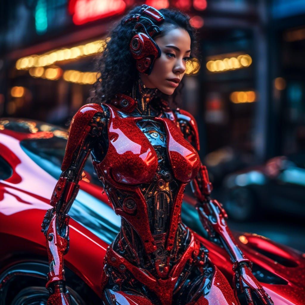 <lora:Futuristic Glamor:1.0> Carbon fiber body and skin cyborg robot queen model with futuristic cosmic galaxy red sports car, futuristic pi...