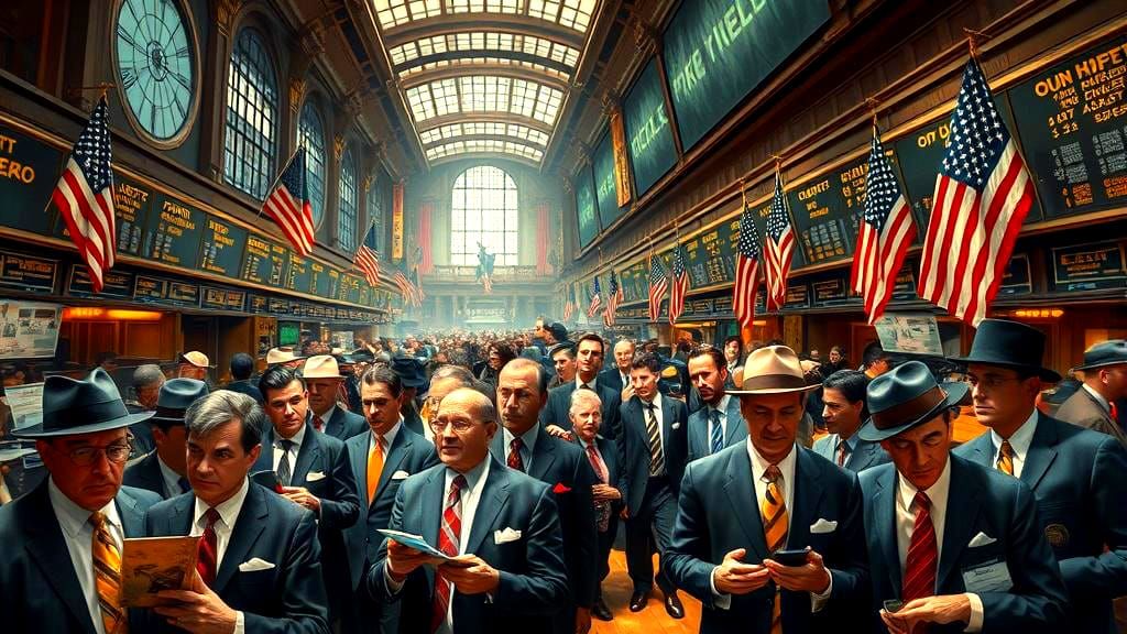 1950 New York stock exchange, many Fat Cats on the trading floor, oil pant bright colours 