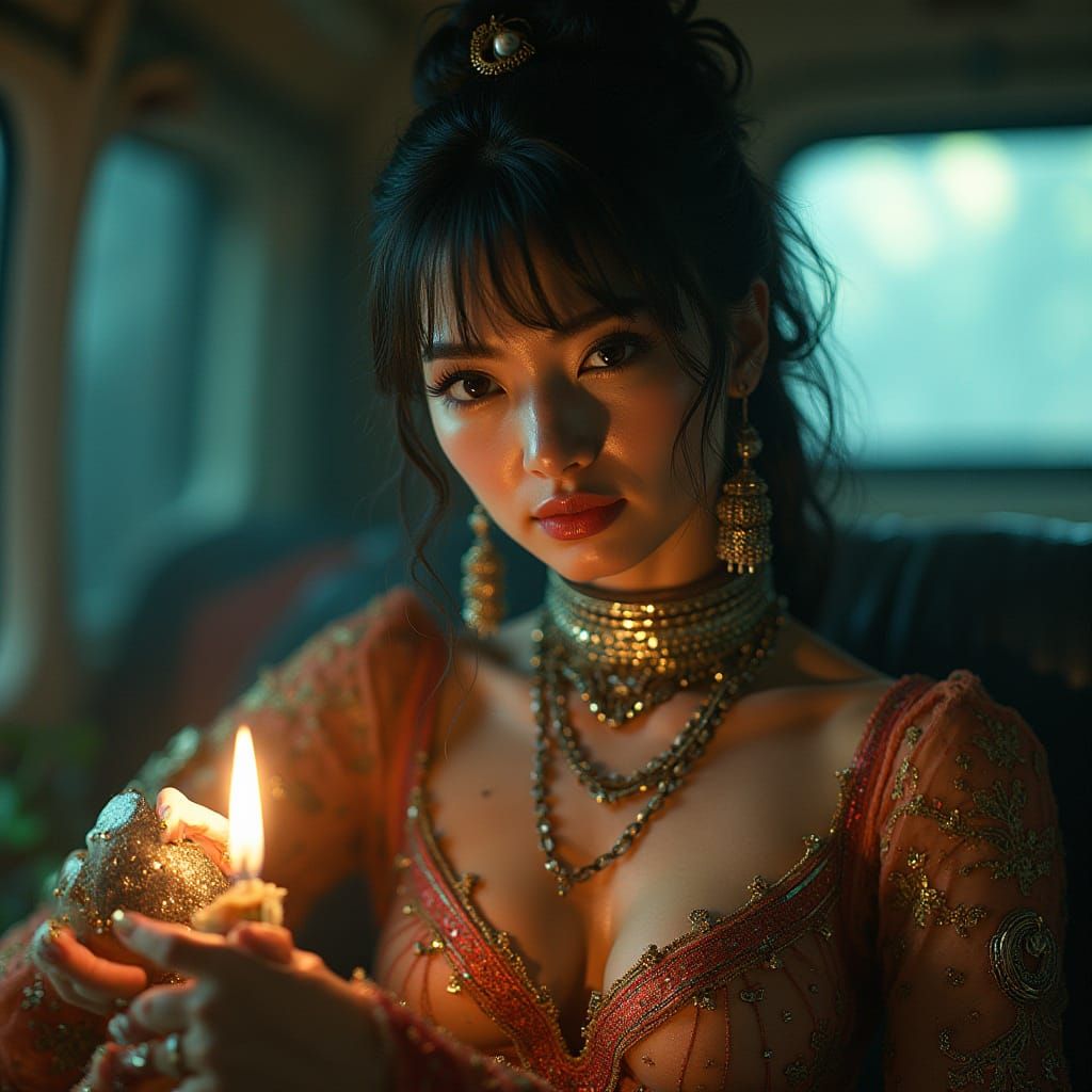 Hyperrealistic portrait of a beautiful woman wearing intricately detailed colorful clothing and futuristic jewellery.