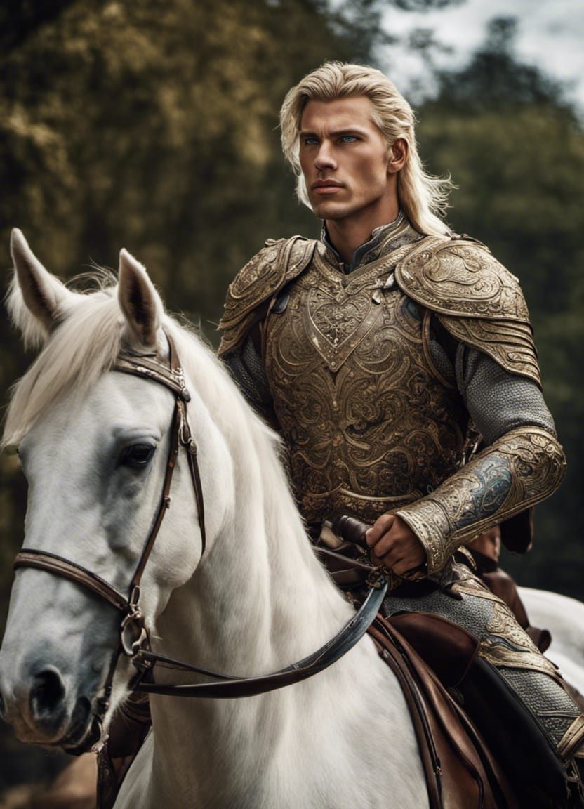 A handsome, arrogant blond-haired blue-eyed warrior riding a horse ...