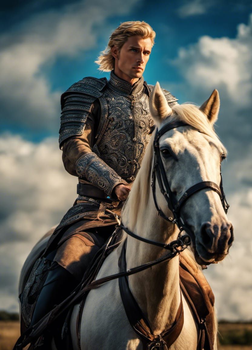 A handsome, arrogant blond-haired blue-eyed warrior riding a horse ...