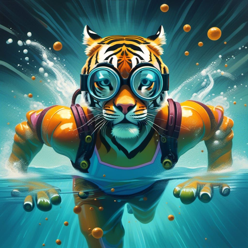 (Illustration of athletic Olympian  tiger in swimming race wearing swimming goggles 1.3)  . Oil gouache impasto, magic realism, detail by Ri...