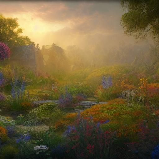 rural mystic garden in bright light of golden hour