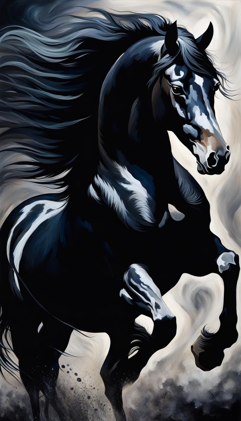 solo, rearing black horse, stallion, dark background, ethere...