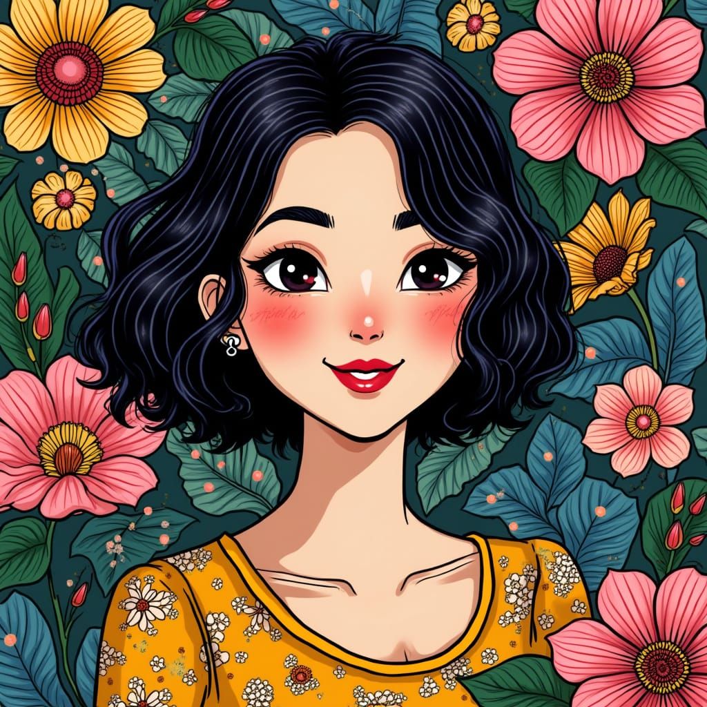Smiling Woman Surrounded by Floral Art, Pop Surrealism