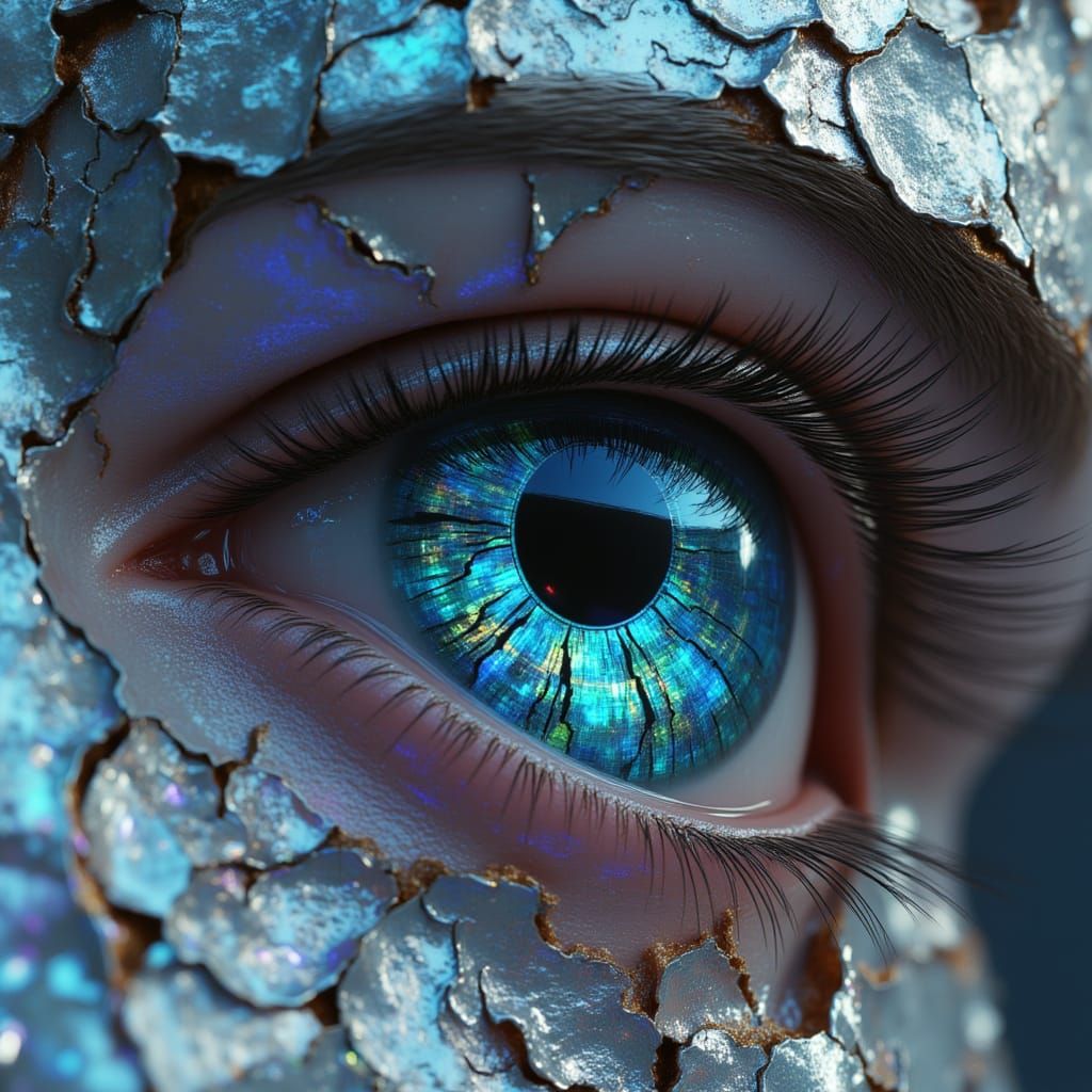 <lora:Fractured Gaze:1.0> A close-up of an eye with silver and blue paint on it, a beautiful iridescent girl's face with metallic moss and ...