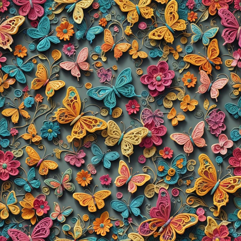 Crochet flowers/ bright colors butterflies landing on the fl...