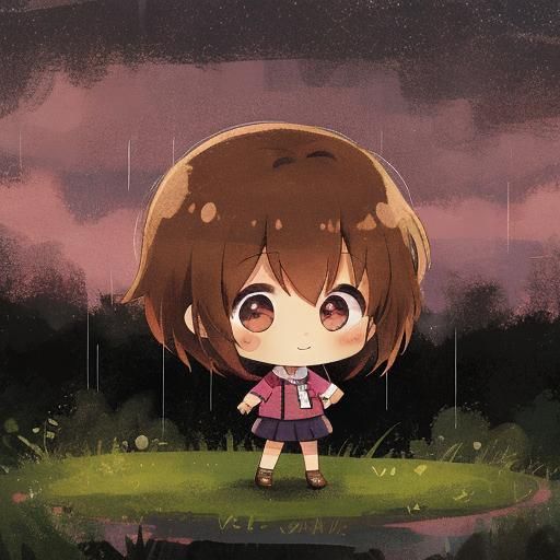 Cute Brown Chibi Girl with Rainbow Background