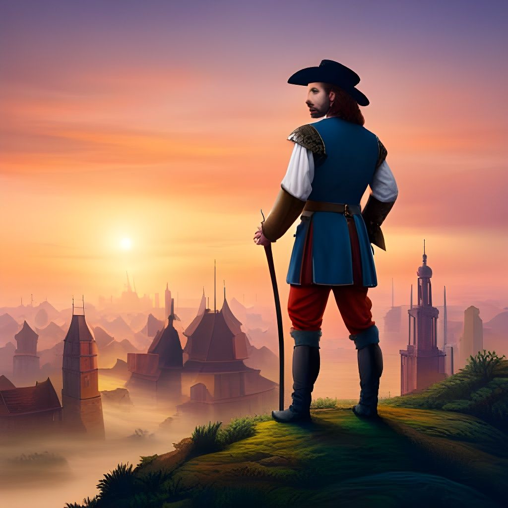 A seventeenthcentury Cavalier stands on a green hill overlooking a