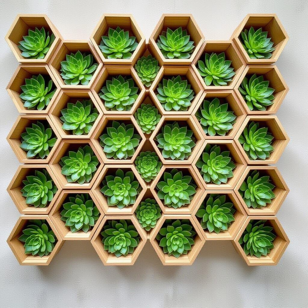 A honeycomb-shaped wall installation where each cell holds a living succulent, blending natural texture.  by @Hidden_Phantom