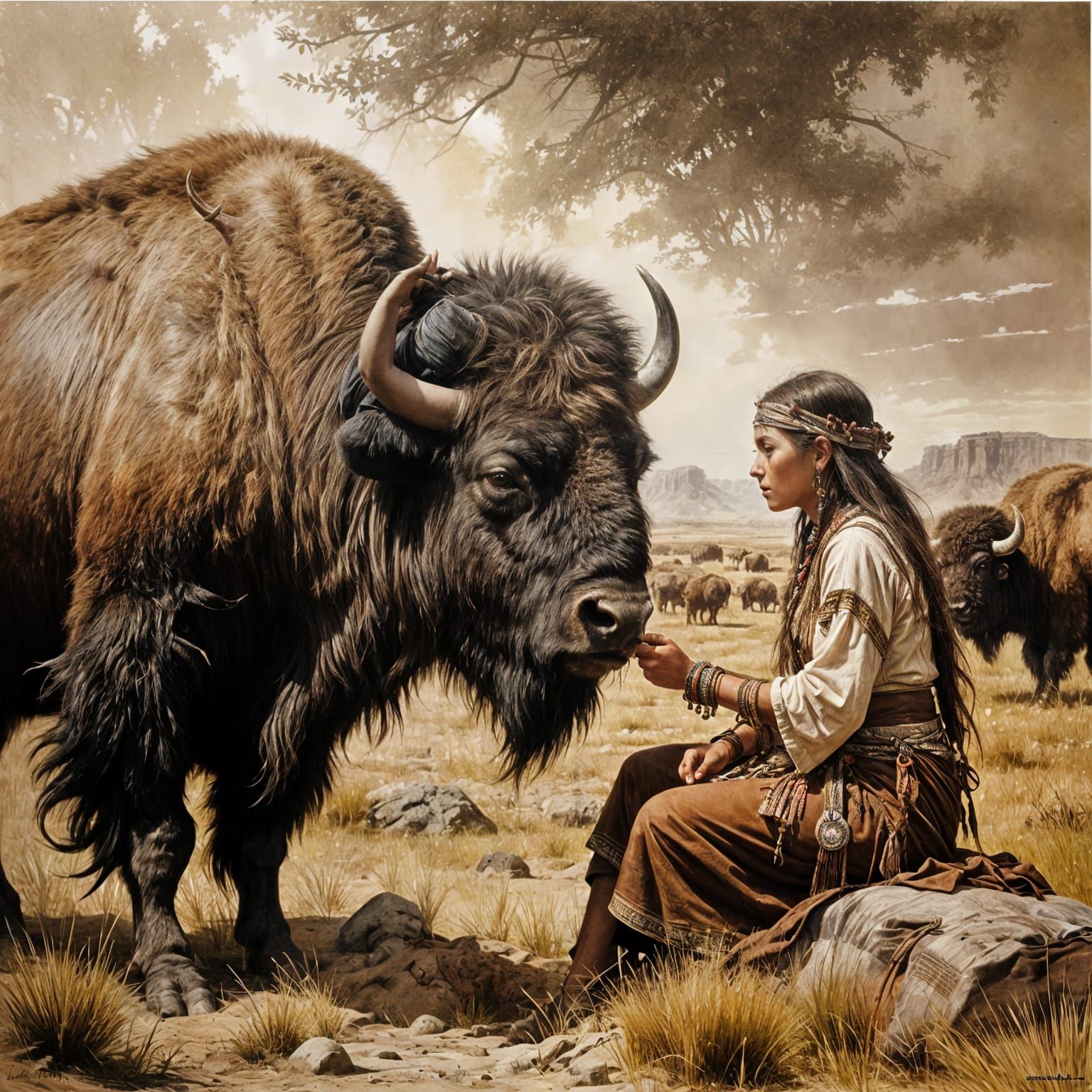 Sioux girl petting a bison  by Sarah Creswell :: Luis Royo :: Pino Daeni :: Enki Bilal :: vibrant deep ...  by @Petra Bone