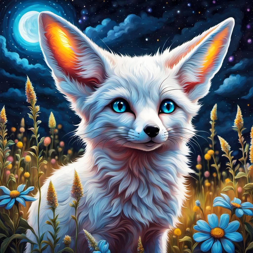 night image of a cute white fennec fox with long ears and light blue eyes eccentric incandescent wildflowers ...  by @Steven 