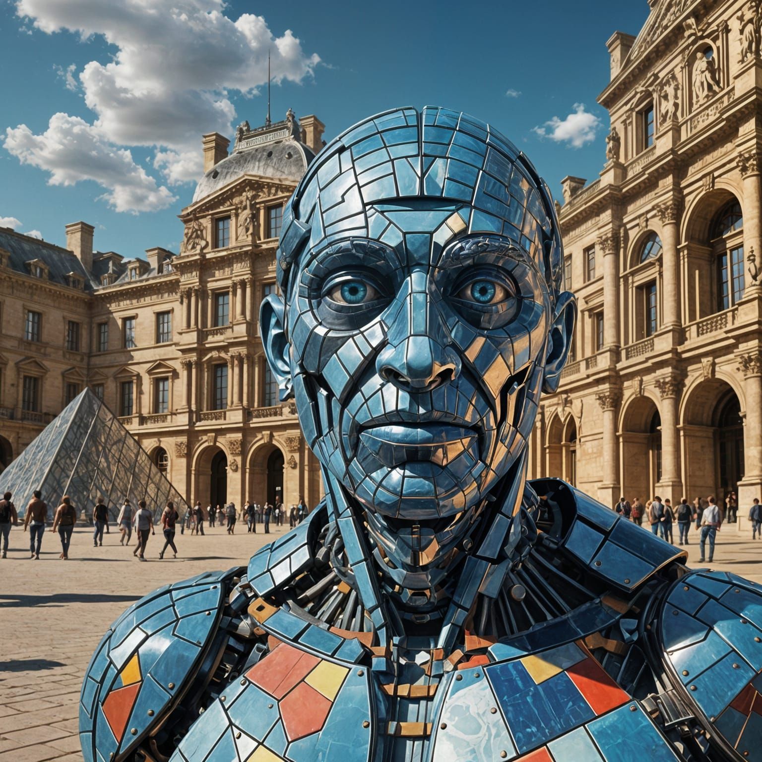 Pablo Picasso as a cyborg, standing in front of the Louvre. neo-impressionism expressionist style oil painting, smooth post-impressionist im...