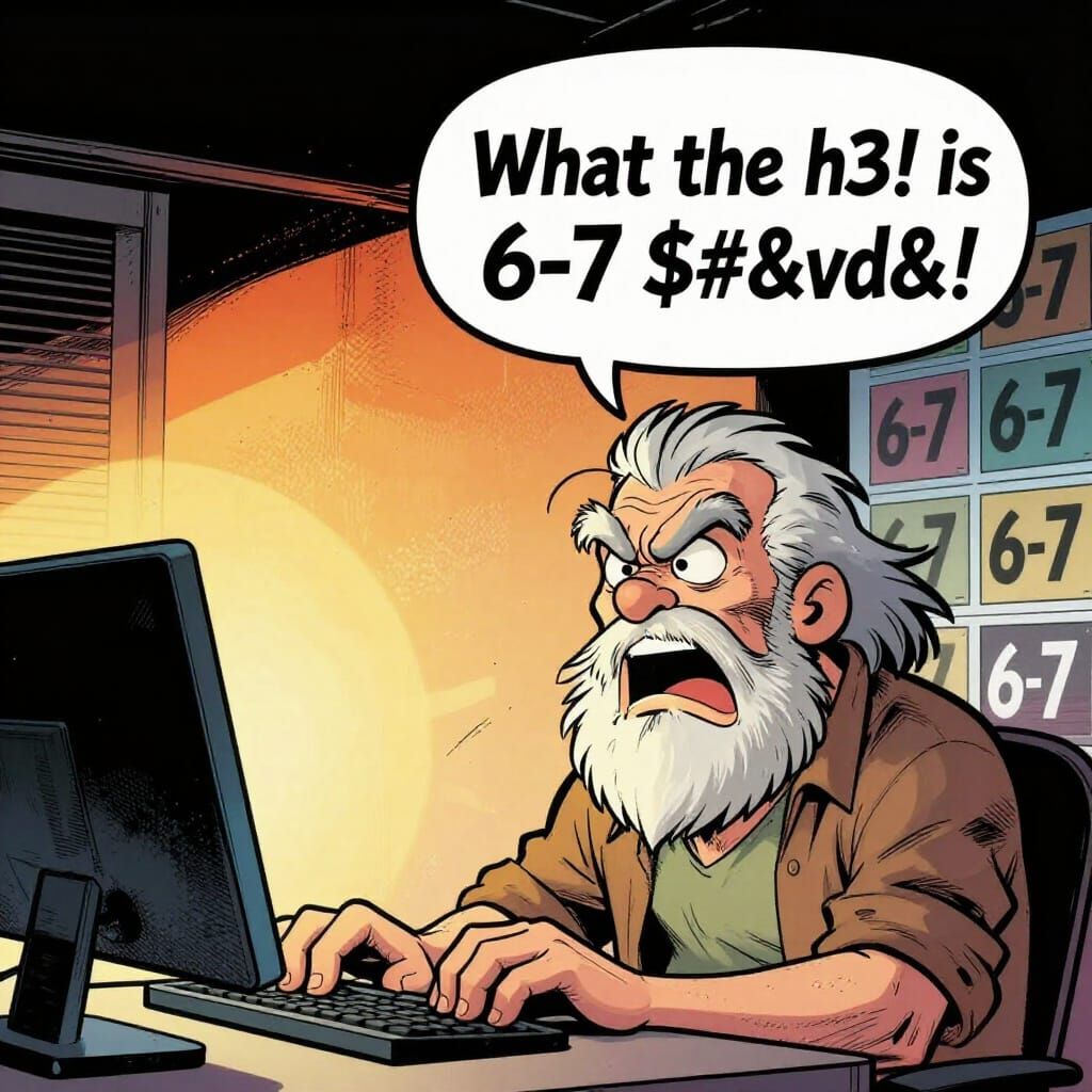 Grumpy long haired bearded older man looking at computer screen showing multiple images with"6-7" and ...  by @Mad Frog