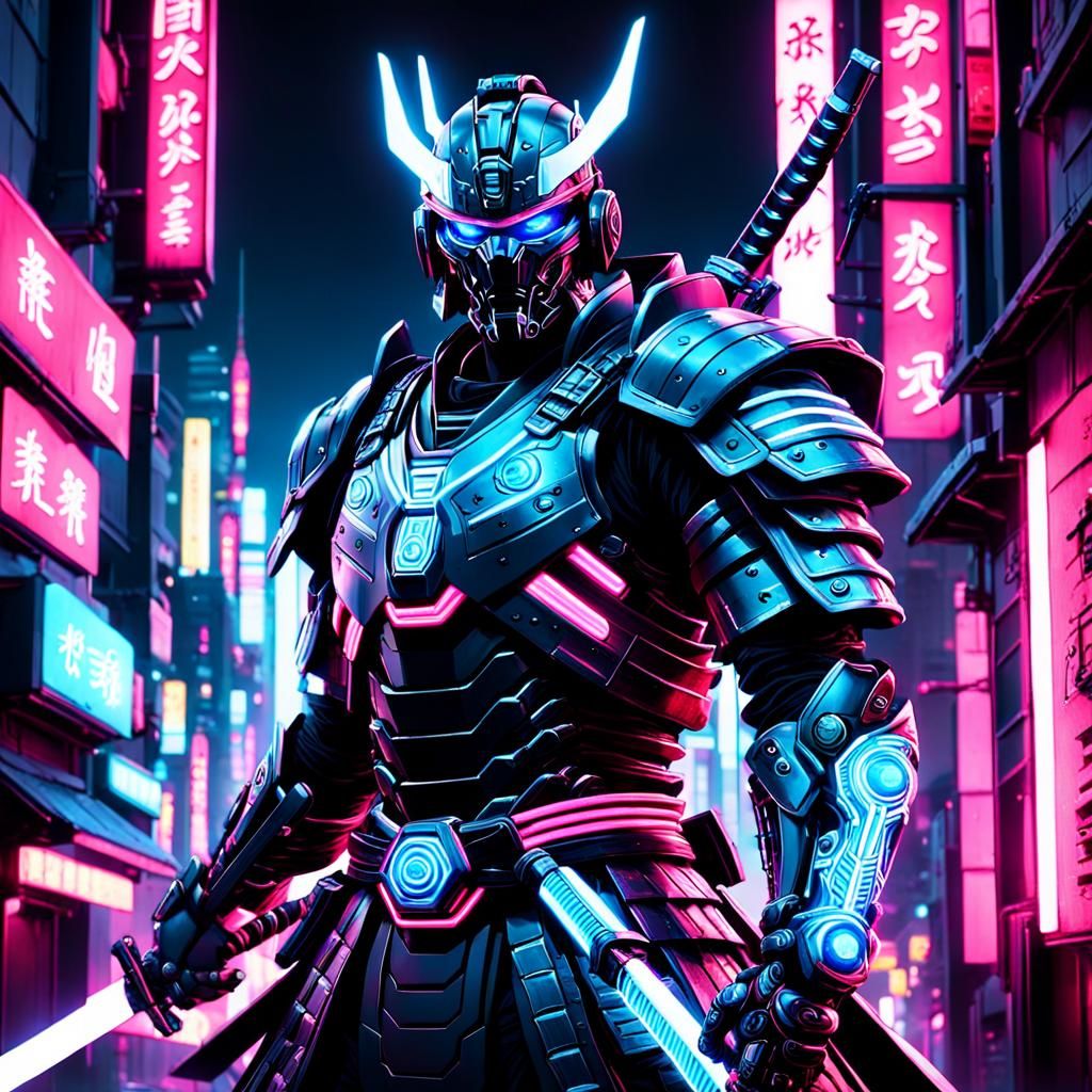 Cyborg Samurai named 'KuroBlade' under neon pink light   by @Mindful THE KB
