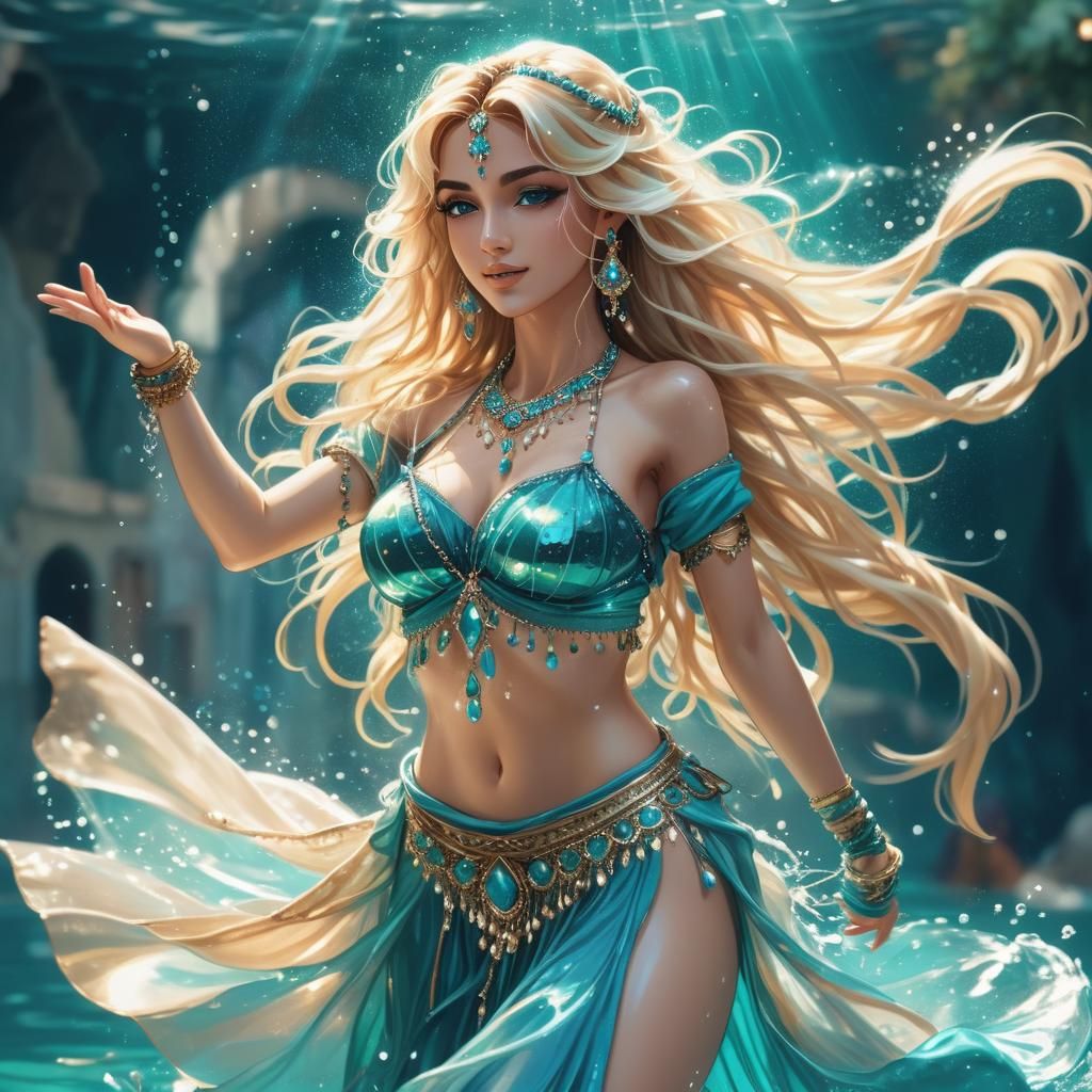 walking on top of water, dancing beautiful gypsy women in aqua teals and  light blues belly dancer outfit pretty face blonde flowing hair spl... - AI  Generated Artwork - NightCafe Creator