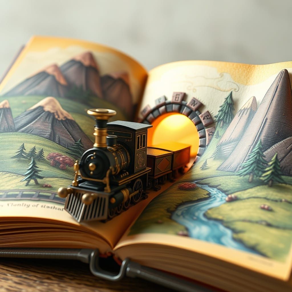 Miniature Steam Train in a Book Landscape