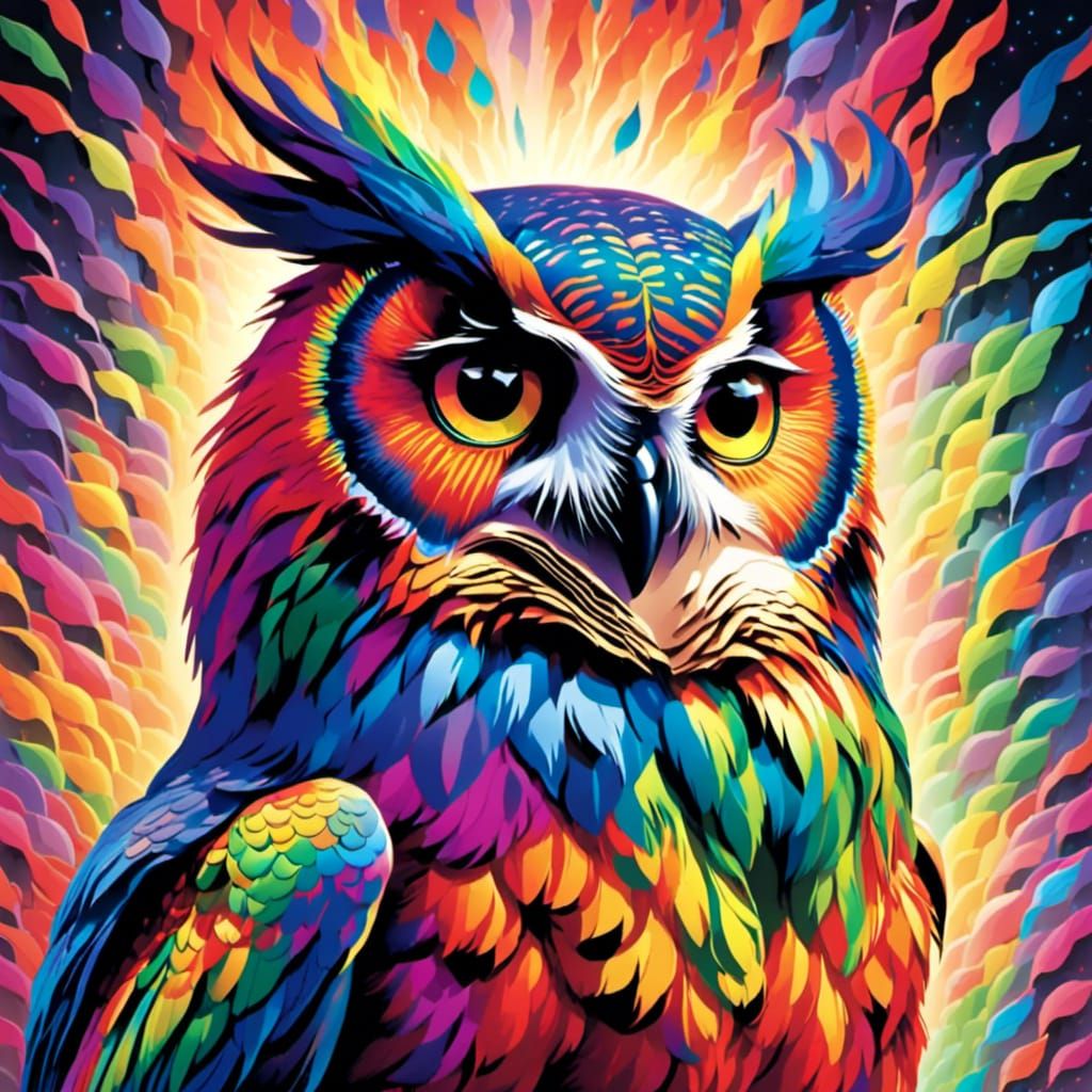 <lora:The Rainbow Game:1.0> ((Hyperrealistic:1.5)) A beautiful mythical rainbow owl