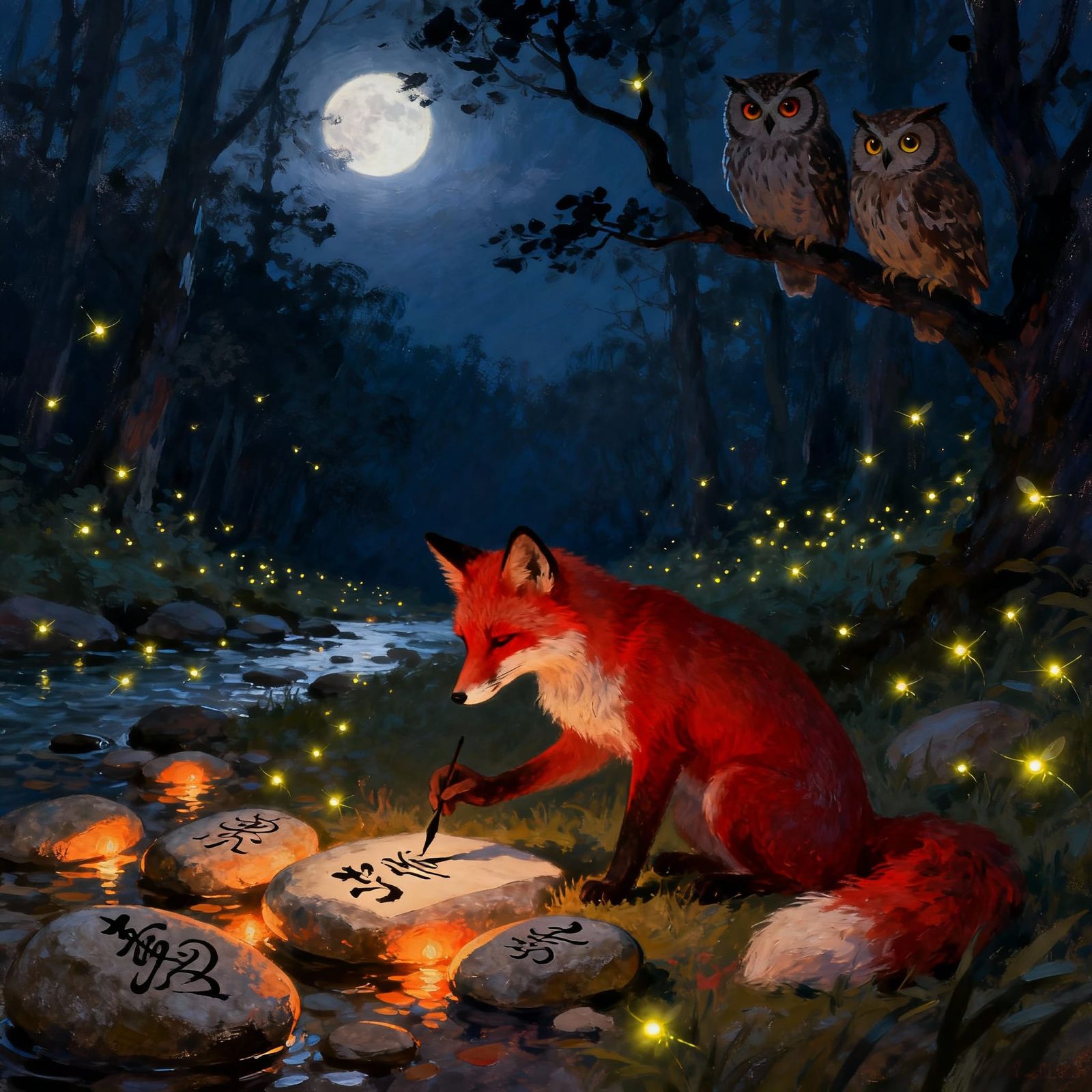 A moonlit forest clearing where a regal red fox secretly practices calligraphy on smooth river stones. ...  by @Horse-T