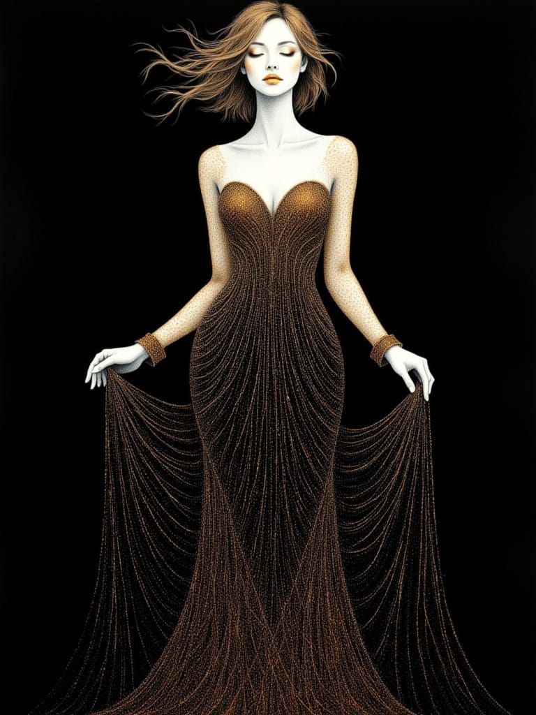 <lora:Scratchboard:1.0> <lora:Midjourney girls:1.0> scratchboard art, highly detailed intricate copper, bronze and gold fine lines on a blac...