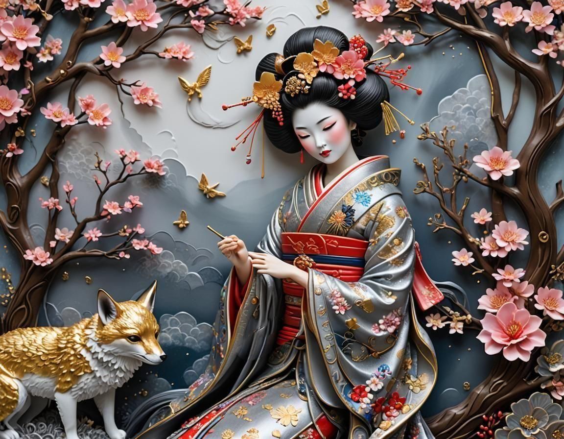 The geisha and the fox  by @Ai-zombie