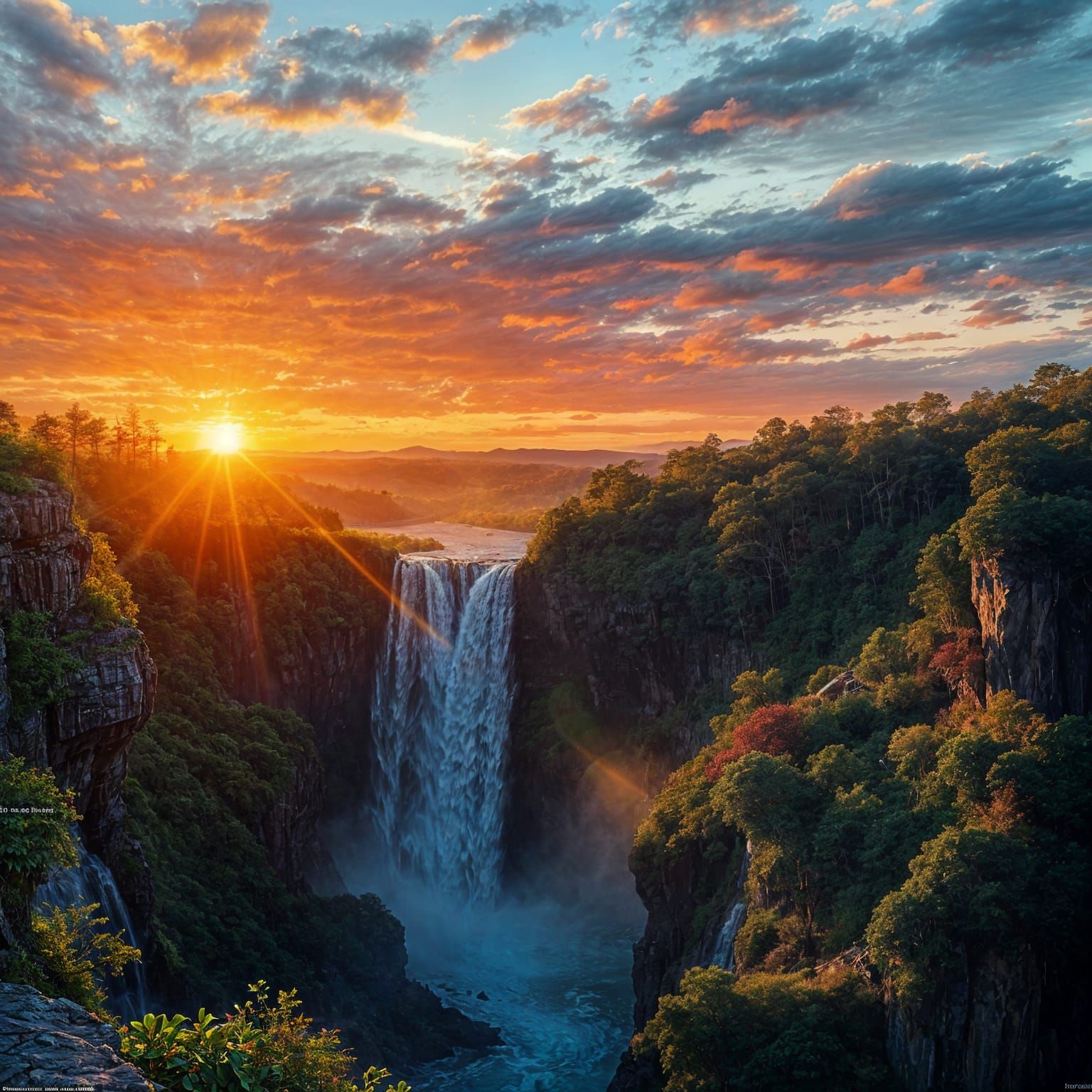 Colorful Sunset Waterfall in Hyperrealistic Splash Art Style