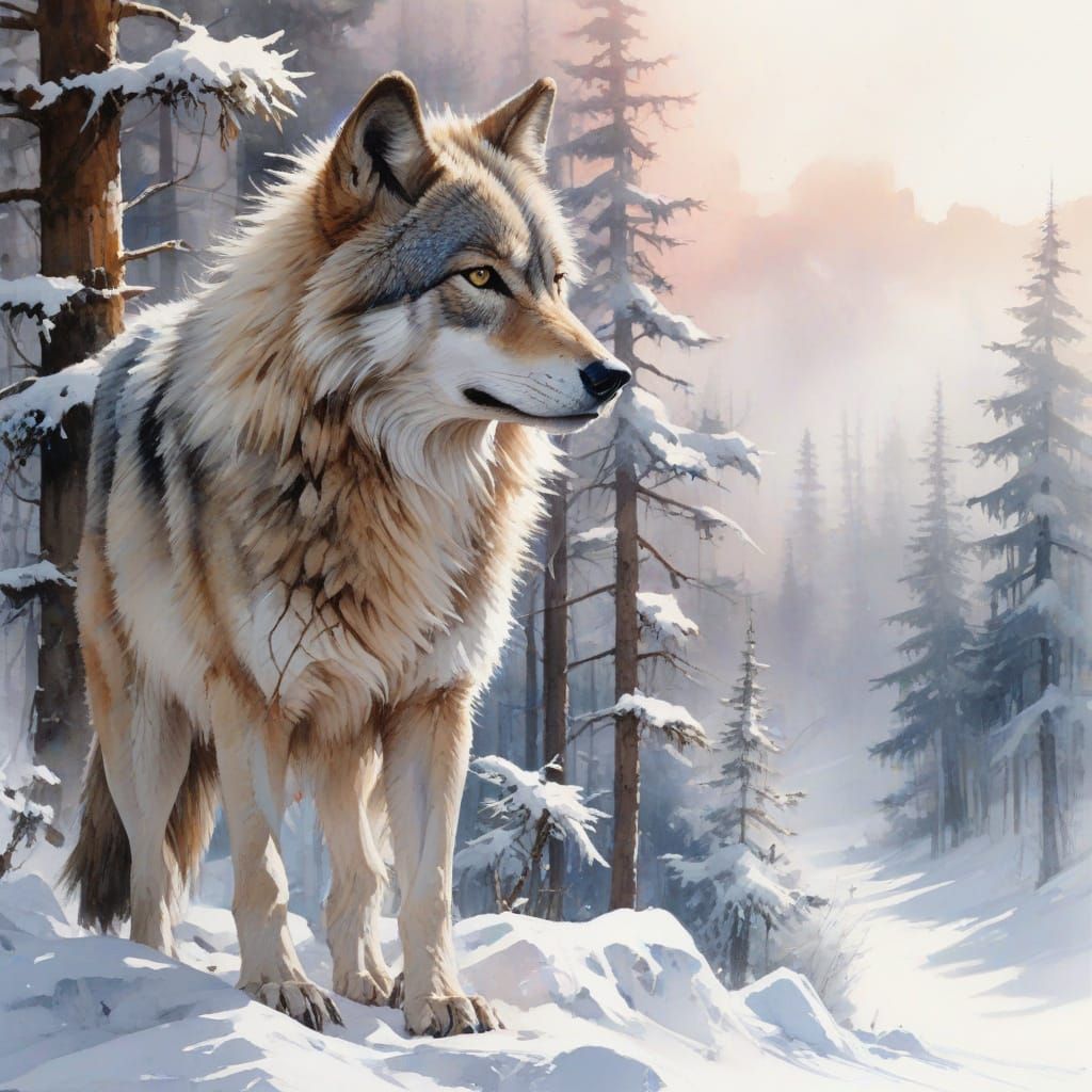 Majestic Wolf Amidst Snowy Pines in a Winter Wonderland  by @Kosh