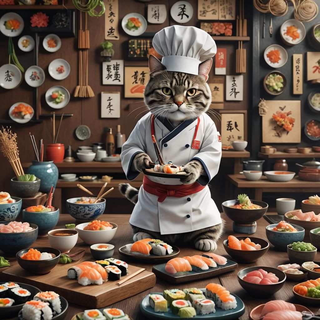 A cat dressed like a Japanese chef slicing up some sushi  by @Hard Boiled Entertainment
