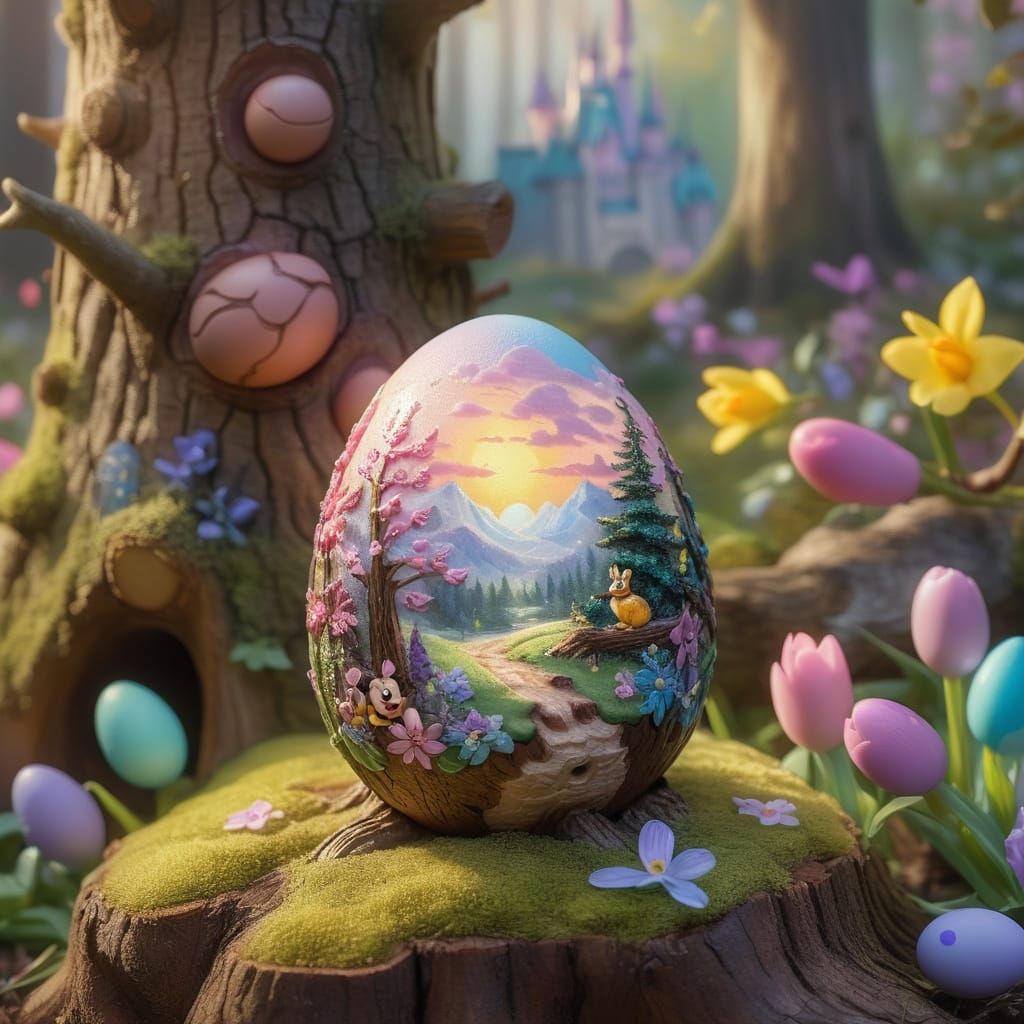 Beautiful stunning Thomas Kinkade Disney painting on an Easter egg, sitting on a tree stump in a forest ...  by @AutumnBear