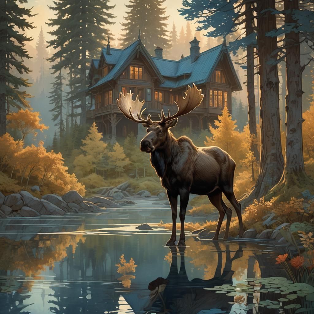  Four-legged moose in the forest standing by the Canadian lake cottage painted by Alphonse Mucha