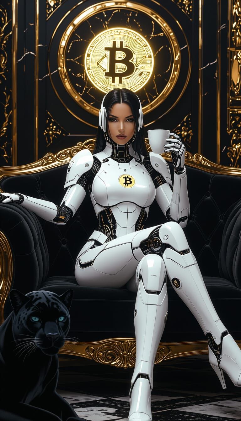 „A futuristic cyborg woman with white armor elements and Bitcoin symbols sits in the exact same pose as the original image on a sofa, holdin...