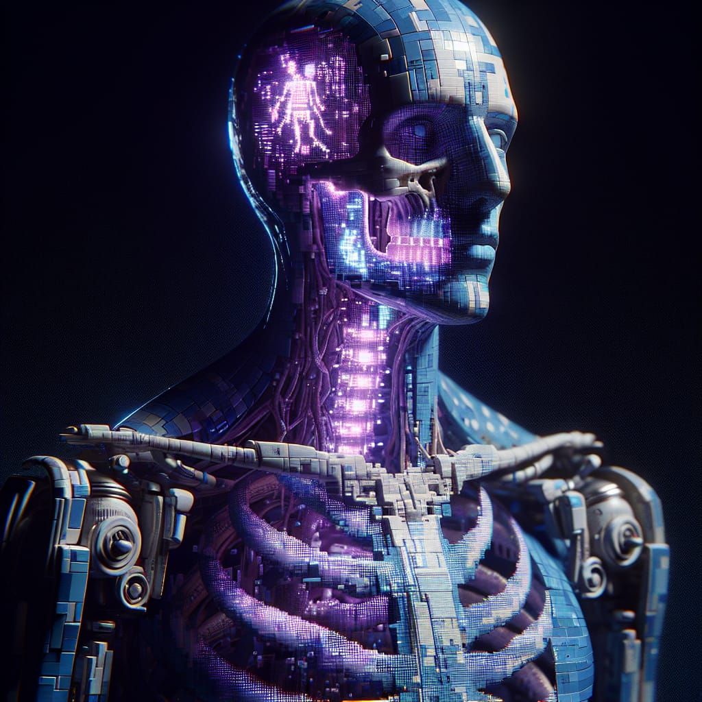 realistic humanoid with 8-bit skeleton