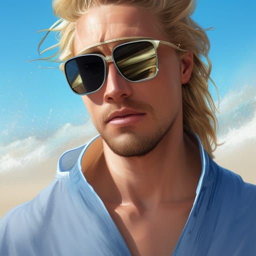 Blonde male surfer wearing sunglasses on the beach