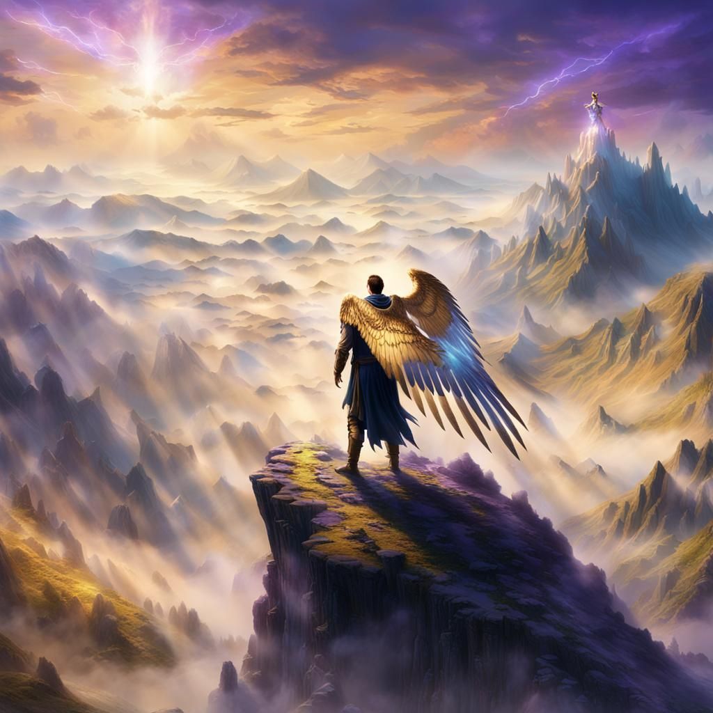 Golden Winged Man on Misty Peak
